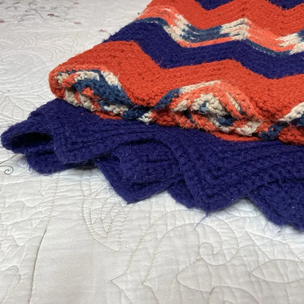 Vtg Handmade Crochet Afghan Throw Zig Zag Chevron Approx 50X65 Blue Orange Bears